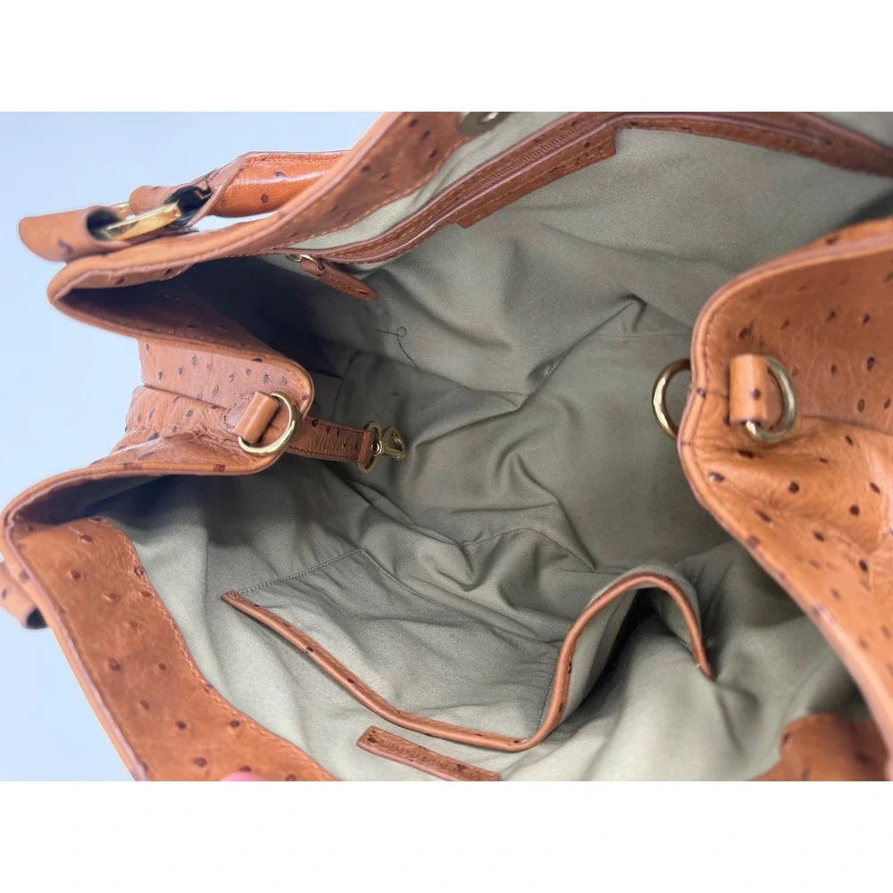 GILI Ostrich Embossed Leather Satchel Handbag Cognac Brown Gold Tone Hardware